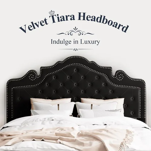 Vista 4 de Allewie Base de cama tamaño completo con cabecero de tiara de terciopelo ajustable, cama plataforma tapizada con botones de diamante capitoné Negro