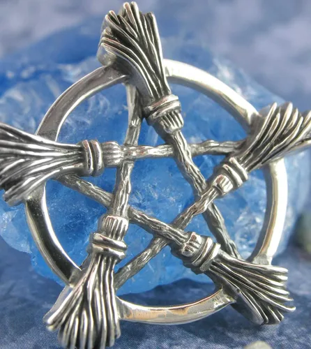 Vista 4 de Woot & Hammy Five Witch's Brooms or Besoms Pentacle Pendant, 100% Sterling Silver, Handmade
