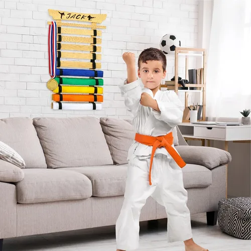 Vista 6 de Karate Belt Display Rack with Stickers, Martial Arts Belt Display Holder, Taekwondo Belt Jiu Jitsu Belt BJJ Belt Display Hanging Holder for Adults