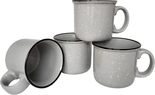 Vista 8 de Taza de café de cerámica de 14 onzas (juego de 4), color azul con acabado moteado, taza duradera de pared gruesa estilo campamento para exteriores