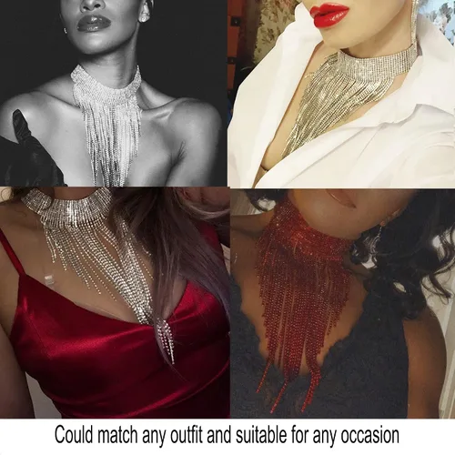 Vista 4 de Flyonce - Collar con diamantes de imitación para mujer gargantilla con borla estilo pechera joyería para fiesta formal