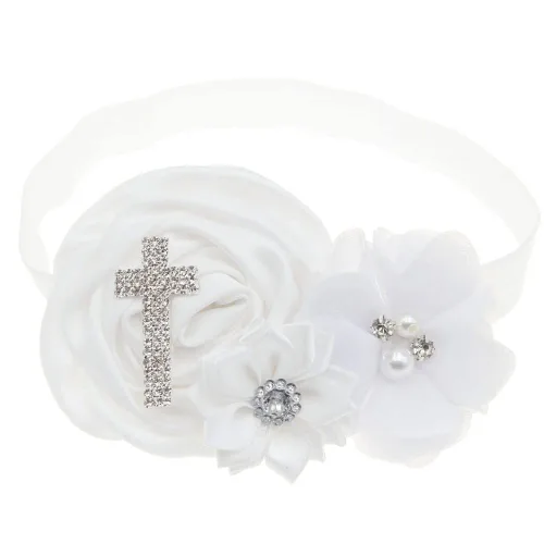 Vista 12 de BBTDIN Diademas de bautizo para bautizo para bebés y niñas, con encaje de flores, lazo blanco BBG11 (B1-Bow con cruz)