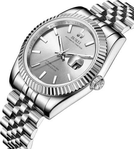 Vista 2 de BUREI - Reloj automático de lujo para hombre con lente de zafiro, calendario y correa de acero inoxidable