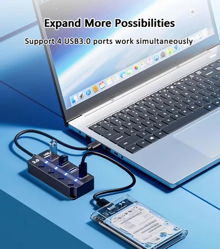 Vista 4 de Hub USB 3.0 con 4 puertos USB 3.0, extensor USB de alta velocidad de 5 Gbps con interruptor individual y luz indicadora LED, concentrador USB