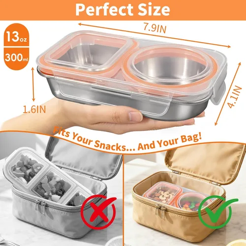 Vista 6 de Recipientes de acero inoxidable con tapa, contenedores reutilizables de 2 compartimentos para aperitivos a prueba de fugas, contenedor