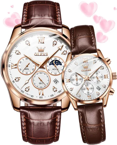 Vista 6 de OLEVS Juego de 2 relojes de cuarzo para parejas de San Valentín, para él y ella, cronógrafo de cuero, con diamantes para hombres, mujeres, amantes