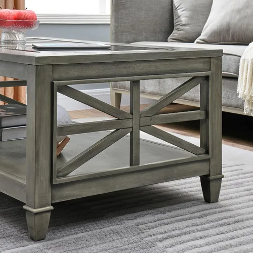Vista 7 de Mesa de centro de madera maciza con tapa de vidrio templado, mesa rectangular para sala de estar con estante de almacenamiento de 2 neumáticos, mesa