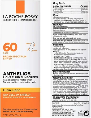 Vista 2 de Anthelios Light Fluid Facial Sunscreen SPF 60, Lightweight Sunscreen for Face, Fluid Texture, Broad Spectrum SPF