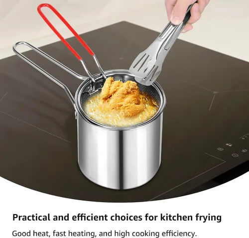 Vista 6 de Mini olla de acero inoxidable con asa y cesta coladora, mini freidoras de aceite para freidora, freidoras de grado alimenticio con tapa, olla