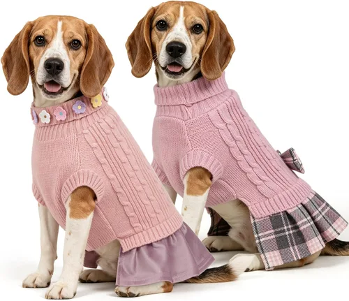 Vista 18 de WOYYHO Vestido de suéter para perro pequeño con corbatín, ropa de perro de Rosa polvoriento
