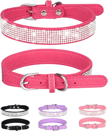Vista 8 de Collar de perro para perros pequeños, collares ajustables de cuero de gamuza para perro, collar de perro rosa para gato, collar de perro