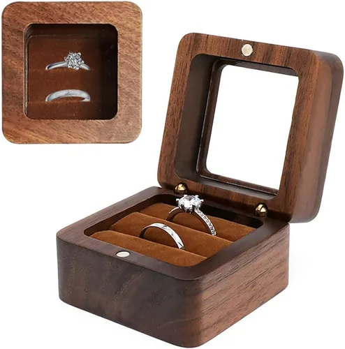 Vista 9 de Caja de madera para anillos grabada, caja de almacenamiento de joyas cuadrada rústica, caja de anillo vintage para ceremonia de boda, compromiso