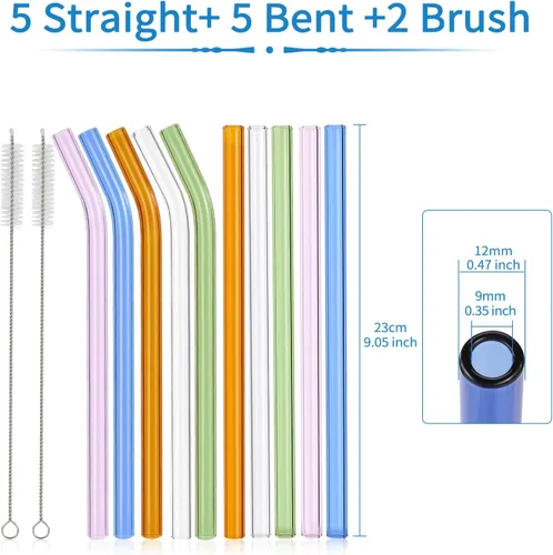 Vista 3 de 10 popotes de vidrio reutilizables para batidos, 0.354 x 0.472 in, para batidos, té, jugo, juego de 5 rectas y 5 dobladas con 2 cepillos