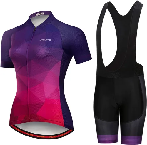 Vista 116 de Camiseta de ciclismo para mujer, manga corta y pantalones cortos de ciclismo acolchados para verano