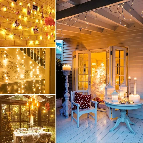 Vista 6 de Guirnalda de 100 luces LED conectables para interiores y exteriores, luces de Navidad blancas cálidas de 33 pies, impermeables, 13 modos