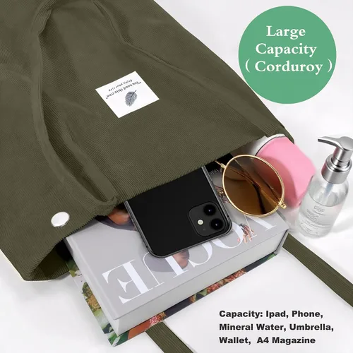 Vista 3 de Bolsa Tote de Pana para Mujeres Pequeña Bolsa de Lona para Hombro Bolsa de Mano de Pana con Bolsillo Interior 02 Verde Ejército