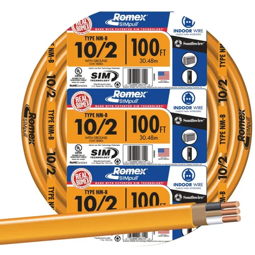 Vista 2 de Southwire 28829026 - Cable Romex Simpull de 15 pies, tipo NM-B, calibre 10/2 AWG, con toma a tierra