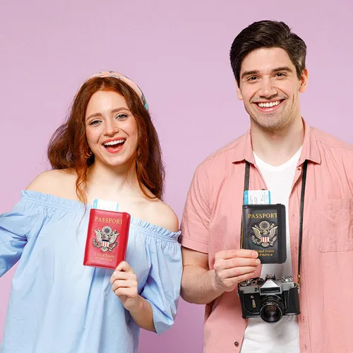 Vista 6 de Funda para pasaporte y ranura para tarjetero, con bloqueo RFID, cartera de piel para pasaporte de viaje para hombres y mujeres, protector de Rojo