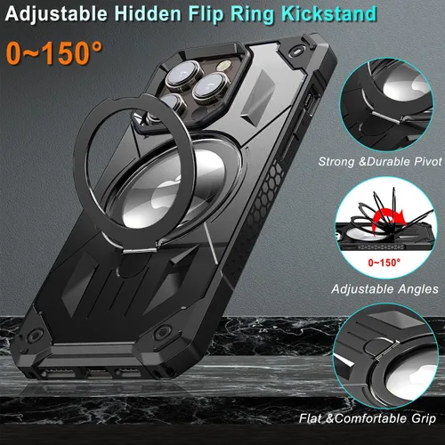 Vista 4 de Funda MagSafe compatible con iPhone 14 Pro, soporte magnético plegable invisible, soporte de anillo magnético, brillante de doble capa protectora