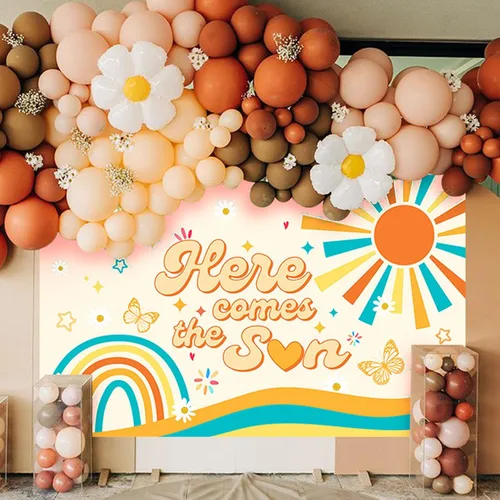 Vista 4 de Mocsicka Banner bohemio para baby shower con texto en inglés «Here Comes The Sun», decoración de fiesta de baby shower, para fotografía, decoración