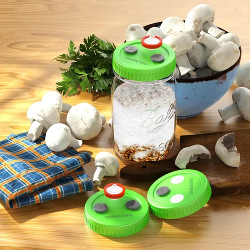Vista 2 de Tarro de hongos, tapa de cultivo líquido, boca ancha, boca rejuvenecida, plástico de grado alimenticio, con membrana de PTFE y puertos de inyección