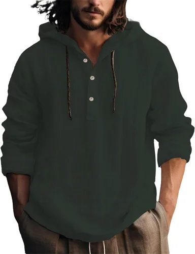 Vista 10 de Camisas de lino para hombre, ligeras, con botones, de manga larga, con capucha, ajuste regular, de algodón, para la playa