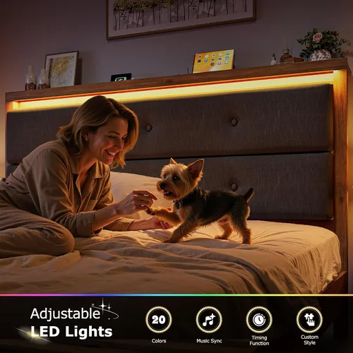 Vista 8 de EnHomee Base de cama de tamaño matrimonial con carga USB y tipo C y luces LED, cabecera de almacenamiento tapizada, cama de plataforma de madera