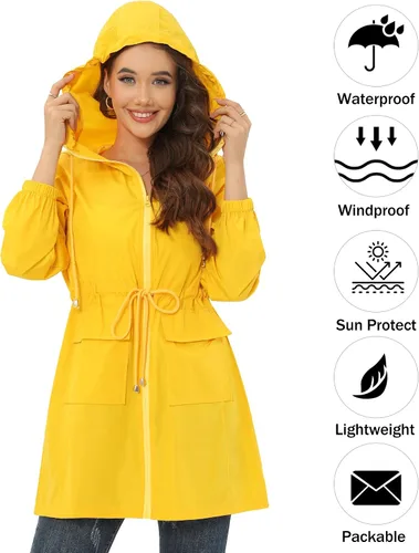 Vista 2 de ETOSELL Chaqueta impermeable para mujer con capucha, para exteriores, larga, plegable, rompevientos ligeros