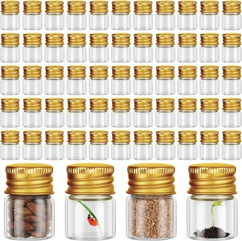 Vista 12 de Tessco for you 100 piezas botellas de vidrio mini de 5 ml (0.17 onzas líquidas) con tapa de aluminio, frascos pequeños, frascos de vidrio mini Dorado