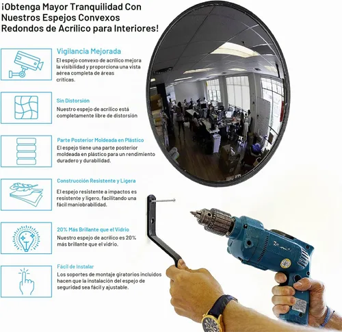 Vista 4 de Espejo convexo acrílico para interiores de 12 pulgadas con parte trasera de plástico, espejo redondo de seguridad para interiores para el punto
