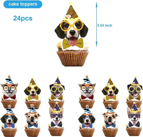Vista 4 de 25 piezas de suministros de fiesta de cumpleaños para perros y mascotas, decoración de cupcakes para niños, regalos de fiesta de cumpleaños