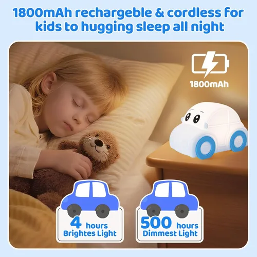 Vista 3 de Linda luz nocturna para bebés y niños en forma de coche, regulable+1800mAh recargable+temporizador+portátil+de silicona+esponjosa, lámpara de noche
