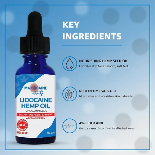Vista 2 de Aceite de cáñamo de lidocaína 4% – Alivio tópico del dolor de máxima fuerza, aceite calmante de acción rápida para apoyo muscular, articulaciones