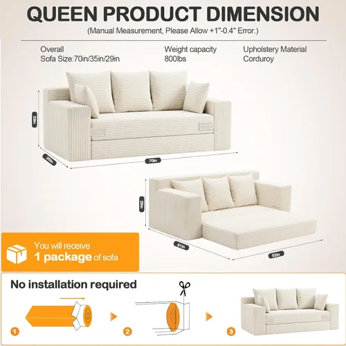 Vista 2 de Sofá cama convertible sin hueso de gran tamaño, sofá cama futón plegable, sofá cama tamaño Queen, sofá plegable sin hueso, sofá cama extraíble