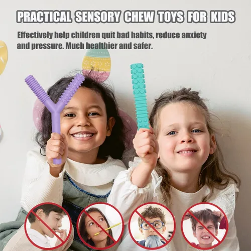 Vista 3 de Juguetes sensoriales para masticar para niños autistas, paquete de 4 tubos masticables para niños, silicona suave y duradera, herramientas motoras