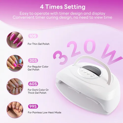 Vista 3 de Lámpara de uñas LED UV de 320 W, luz profesional de secado de uñas UV con 84 cuentas LED, secado rápido con 4 ajustes de temporizador, sensor