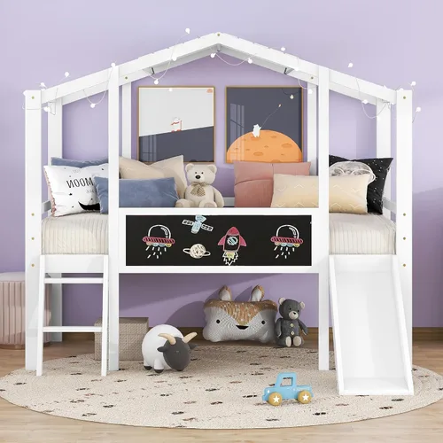 Vista 11 de RUNNA Marco de cama de madera de tamaño matrimonial con valla, para niños, adolescentes, niñas, niños, (Natural-Thinck 4col)