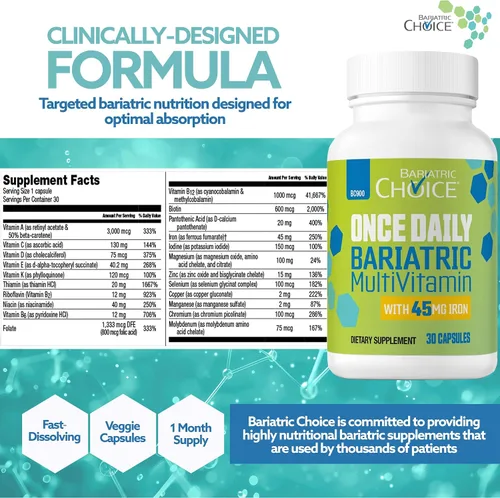 Vista 7 de Bariatric Choice Multivitamínico bariátrico una vez al día con 45 mg de hierro, cápsula fácil de tragar, vitamina para pacientes de cirugía
