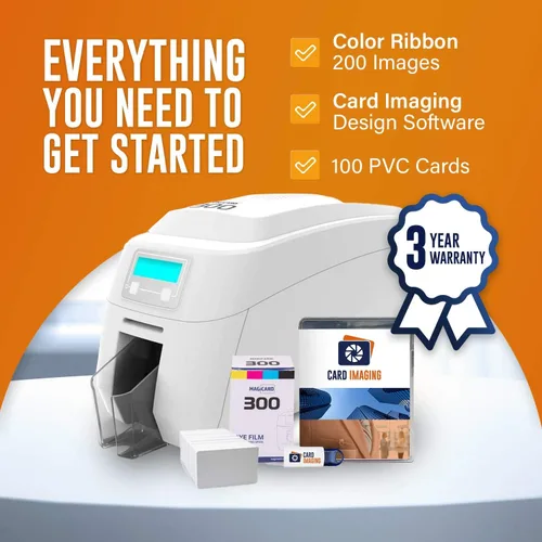 Vista 2 de Magicard 300 Impresora de tarjetas de identificación de doble cara y paquete de suministros completo para fabricar distintivos (3300-0021)
