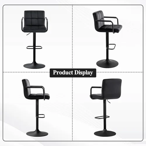 Vista 7 de Furniliving Taburetes de bar ajustables con respaldo, juego de 2 taburetes de bar negros, taburetes de bar de terciopelo con giro de 360°, taburetes
