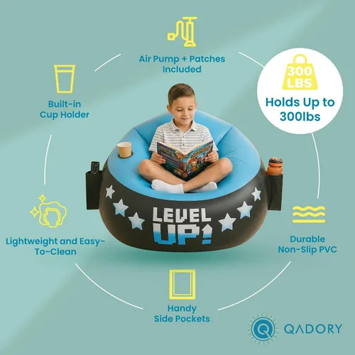 Vista 4 de Silla de Gaming Inflable para Niños – Soporta Hasta 300 libras, Incluye Bomba de Aire, Portavasos, 2 Bolsillos – Asiento de Puf de Gaming Duradero