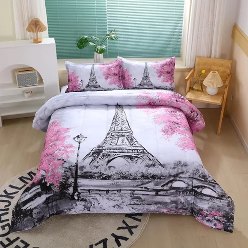 Vista 10 de Suncloris Paris - Juego de edredón Queen de la Torre Eiffel, fundas de almohada de hojas de arce para parejas (rojo, Queen)