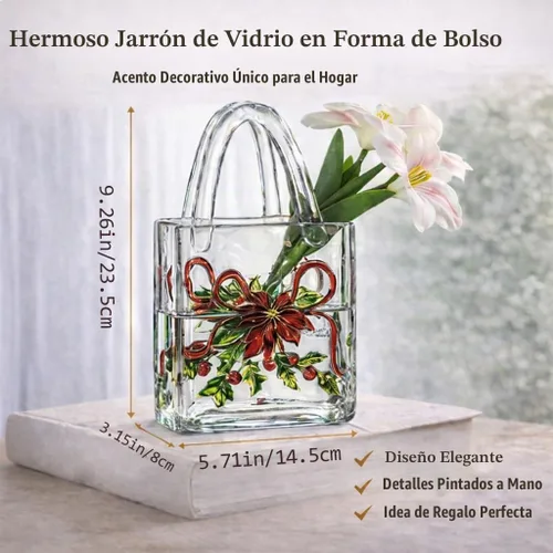 Vista 3 de Jarrón con textura floral pintado a mano, jarrón de cristal en forma de bolso de 9.1 pulgadas con patrones 3D, centro de mesa botánico engrosado
