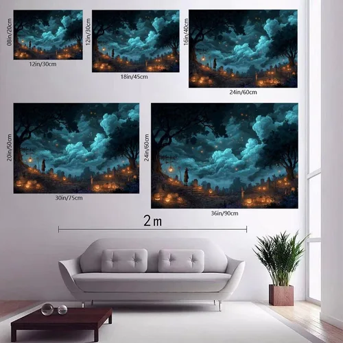 Vista 3 de JDBeehpy Spooky Halloween Cemetery Scene Wall Art Jack - O' - Lanterns Poster Mysterious Night Sky Frame Canvas Print PaintingCreepy Decor Mural