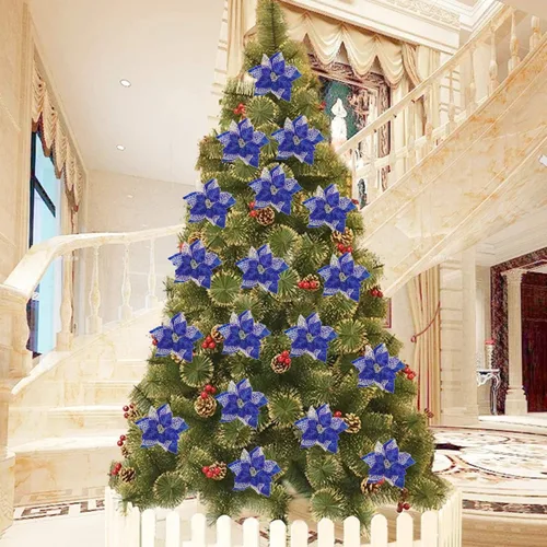 Vista 4 de Jim's Cabin Paquete de 12 flores de Pascua artificiales con purpurina para adornos de árbol de Navidad, mariposas y decoraciones doradas (azul)