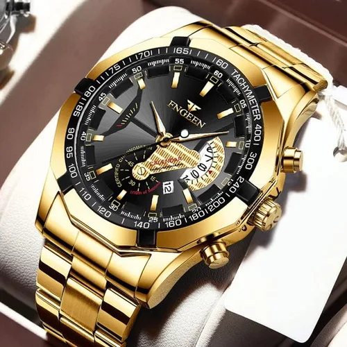 Vista 5 de Paquete de 4 relojes de acero inoxidable para hombre, impermeable, fecha, luminoso, esfera grande, oro, plata, negro, azul, vestido de negocios