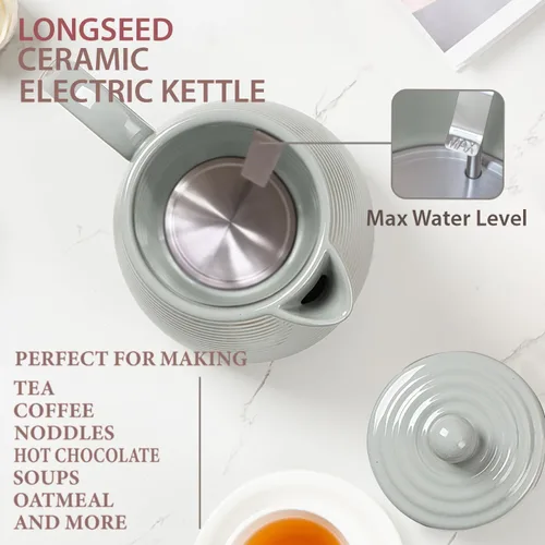 Vista 4 de Hervidor eléctrico de cerámica, 1.2L/1000W, apagado automático, sin BPA, diseño antiquemaduras, rotación de 360 grados, hervidor de té eléctrico