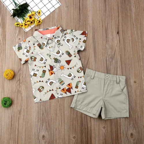 Vista 6 de Conjunto de camisa de manga corta con botones y pantalones cortos casuales con diseño de flamingo, para bebés y niños de 1 a 6 años, atuendos