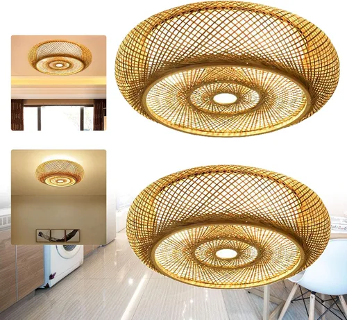 Vista 4 de Lámpara moderna de 3 luces, lámpara de interior, lámpara de techo vintage de bambú, lámpara colgante de linterna de ratán para cocina, comedor
