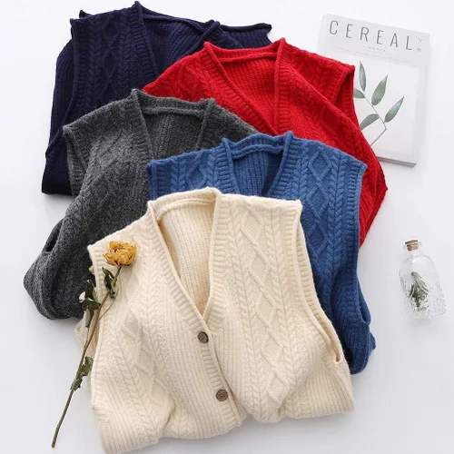 Vista 6 de Minibee Chaleco de suéter para mujer, casual, sin mangas, con cuello en V, con botones, de algodón, con bolsillos